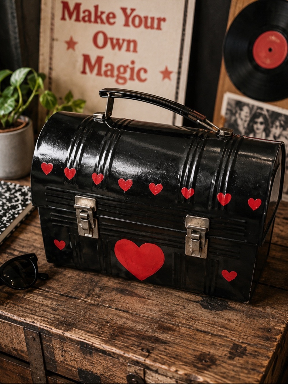Vintage Aladdin Metal Dome Lunch Box Black with Hand Painted Red Hearts Retro